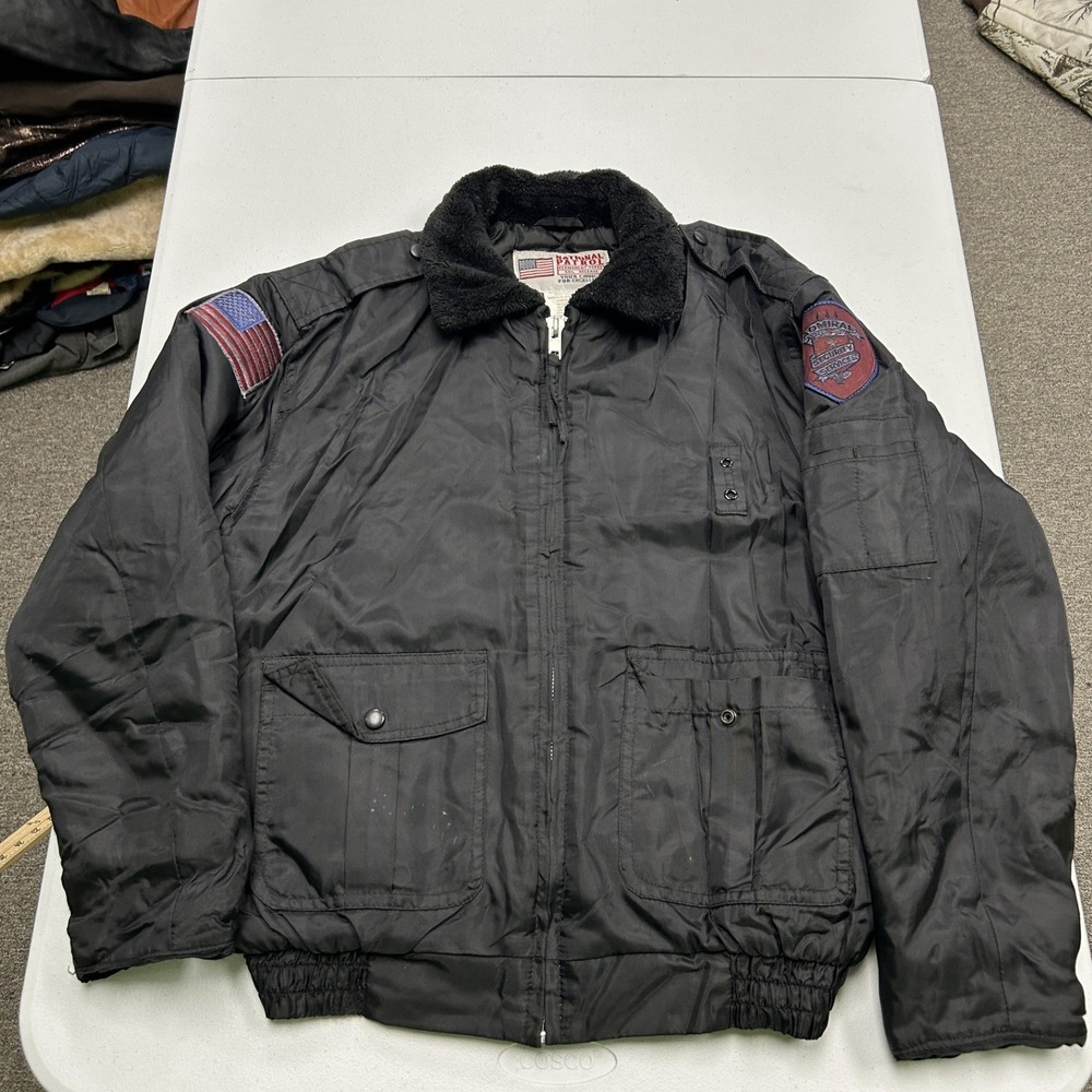 National Patrol Security Jacket Mens XL Black Faux Fur Collar Tactical Bomber